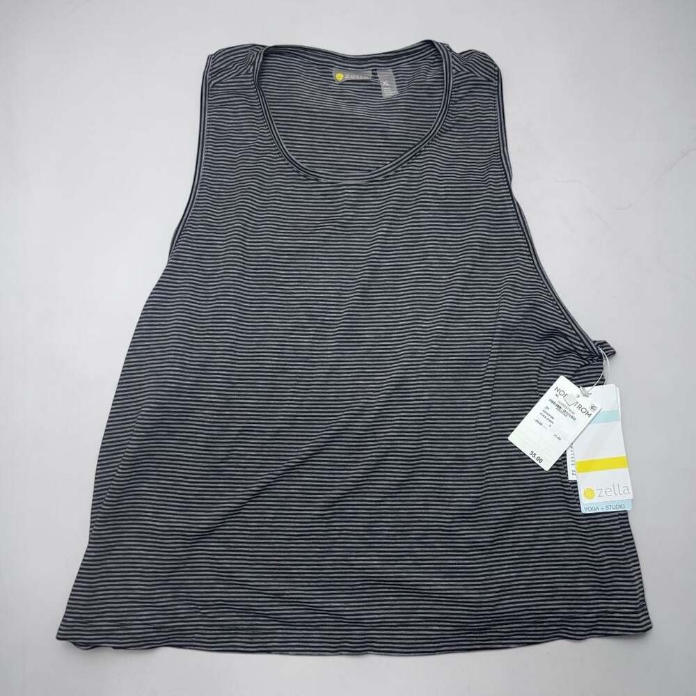 NWT Zella Yoga Tank Top Black Gray Stripe Boxy Oversized XL